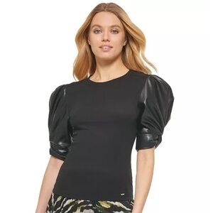 DKNY NWT black faux leather puff sleeve top. L